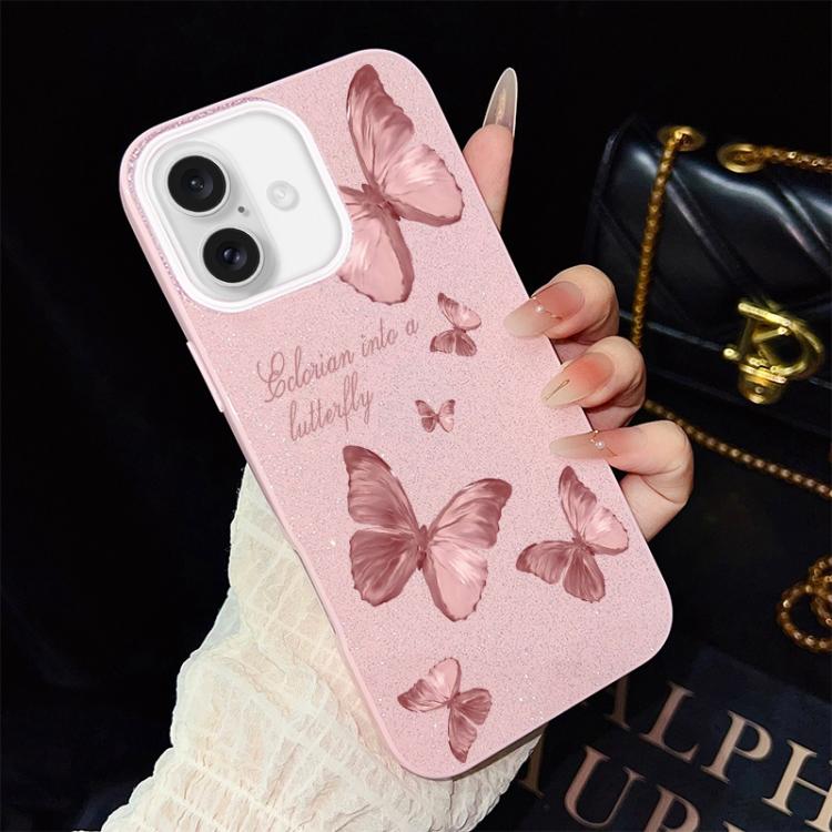 For iPhone 16 Dreamy Butterflies Pattern IMD Glitter PC Hybrid TPU Phone Case(Pink)