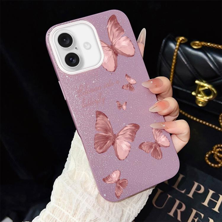 For iPhone 16 Dreamy Butterflies Pattern IMD Glitter PC Hybrid TPU Phone Case(Purple)