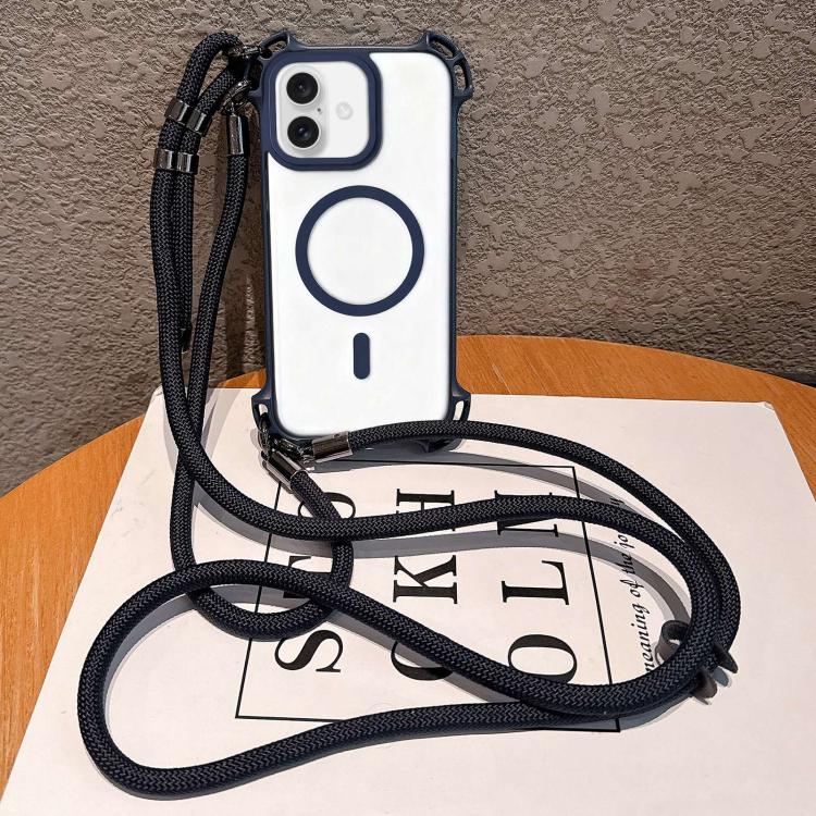 For iPhone 16 Drone-Style Four-Corner Shockproof Magnetic Acrylic Phone Case with Long and Short Lanyard(Blue)