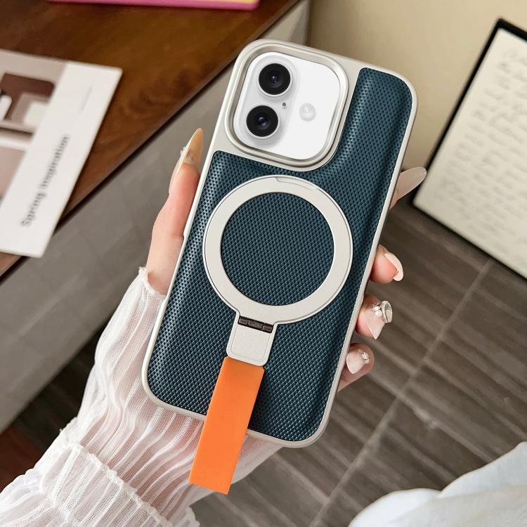 For iPhone 16 Electroplated Diamond Texture Ring Magnetic Holder Phone Case(Blue)