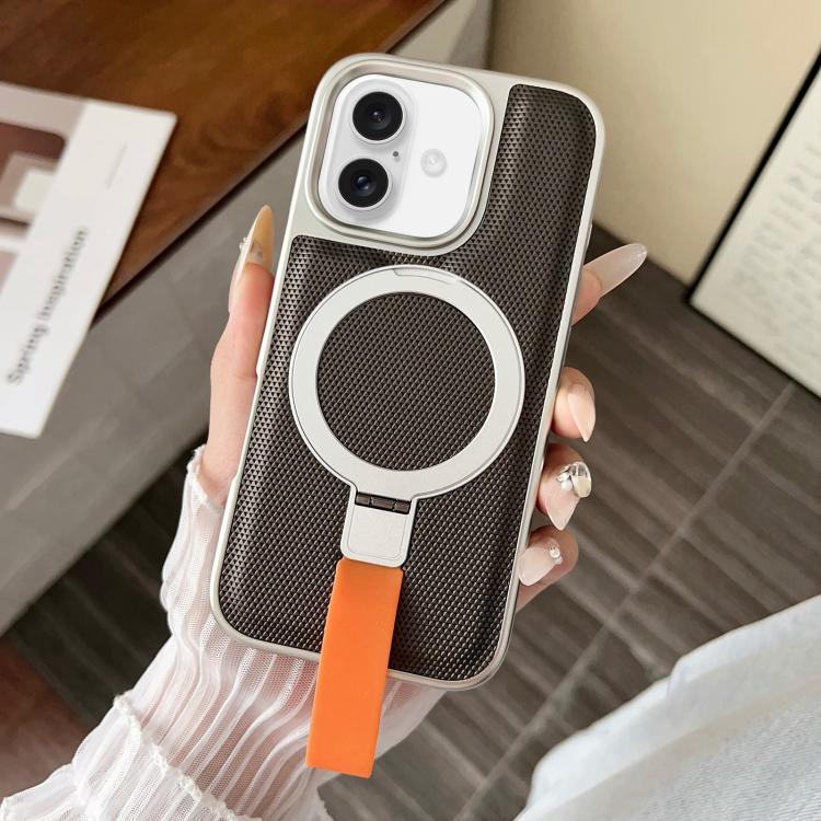 For iPhone 16 Electroplated Diamond Texture Ring Magnetic Holder Phone Case(Coffee)