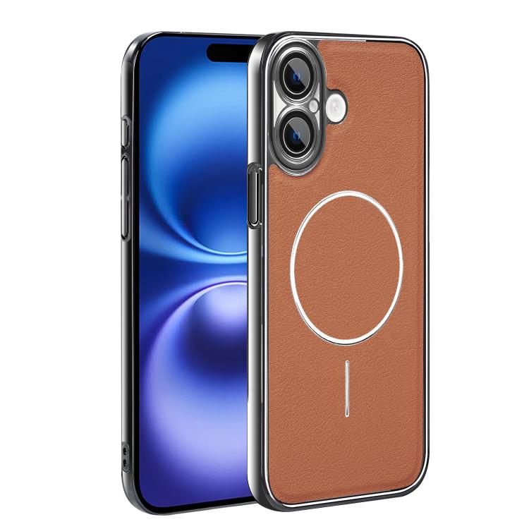 For iPhone 16 Electroplated Frame Vegan Leather Magnetic Shockproof Phone Case(Brown)