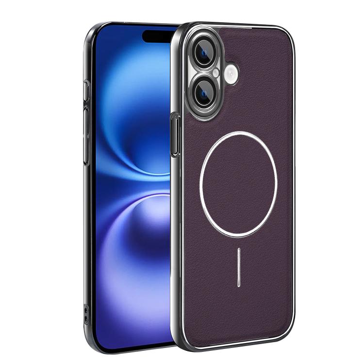 For iPhone 16 Electroplated Frame Vegan Leather Magnetic Shockproof Phone Case(Purple)