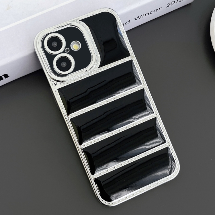 For iPhone 16 Electroplated Silver Edge Eiderdown TPU Phone Case(Black)
