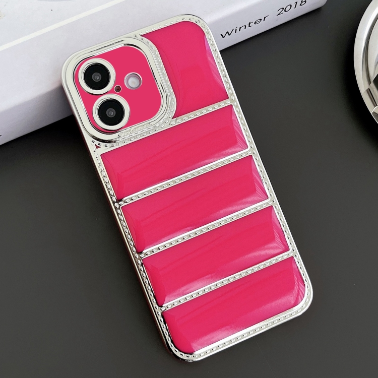 For iPhone 16 Electroplated Silver Edge Eiderdown TPU Phone Case(Rose Red)