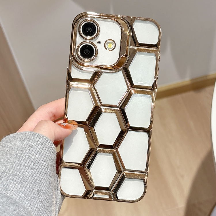For iPhone 16 Electroplating Laser Engraving 3D Honeycomb Clear TPU Phone Case(Gold)