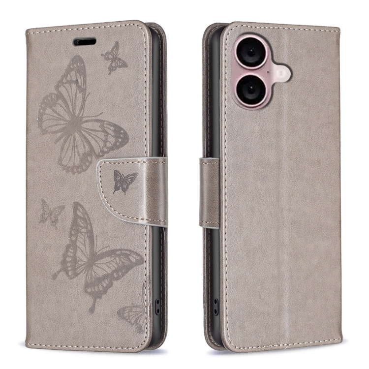 For iPhone 16 Embossing Two Butterflies Pattern Leather Phone Case(Grey)