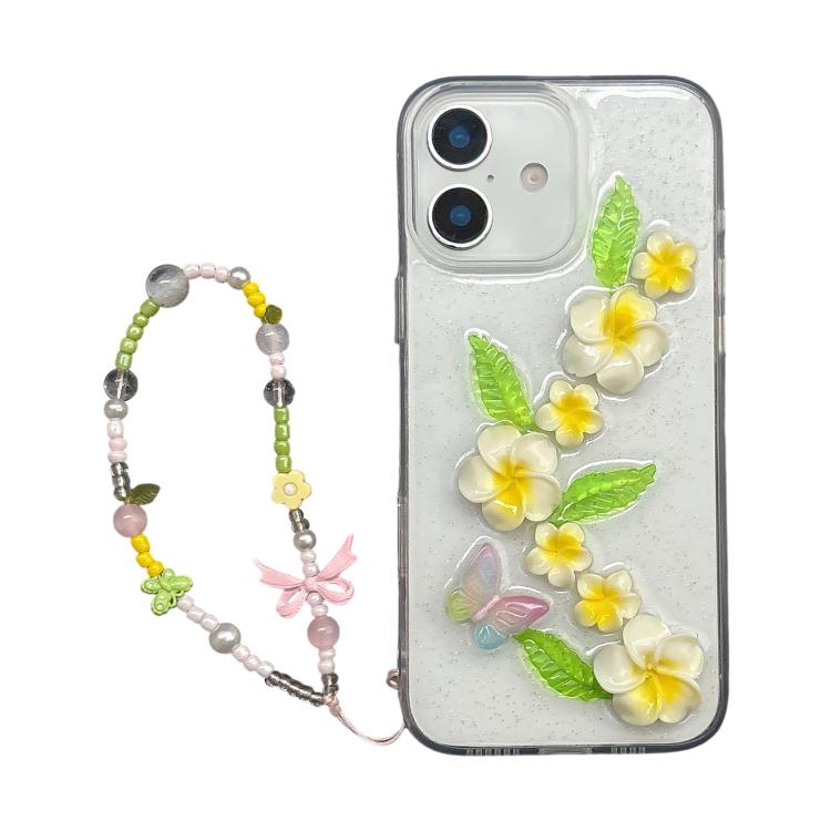 For iPhone 16 Epoxy 3D Butterfly Plumeria Acrylic Phone Case with Wrist Chain(Transparent)