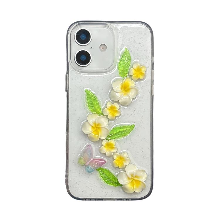 For iPhone 16 Epoxy 3D Butterfly Plumeria Acrylic Phone Case(Transparent)