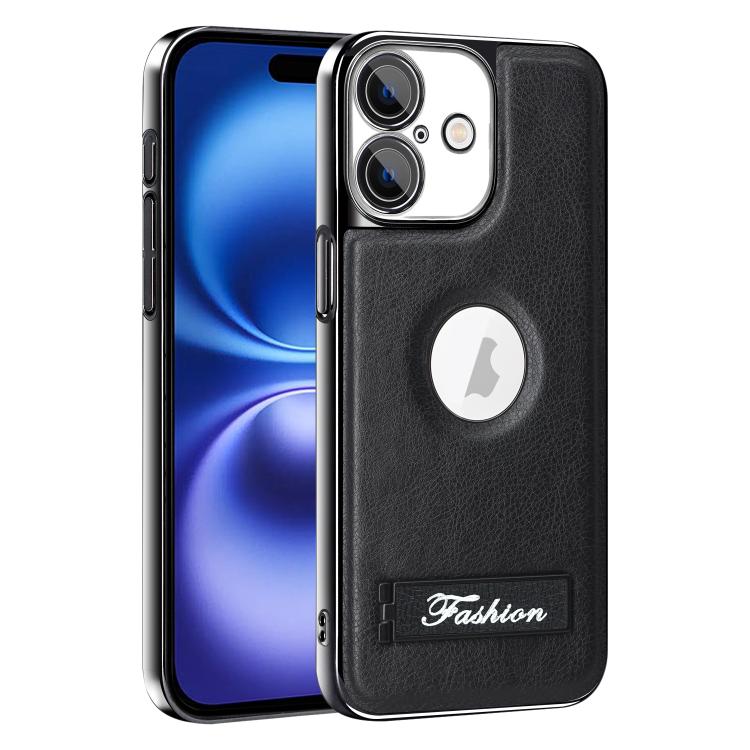 For iPhone 16 Fashion Electroplated Fold Holder Shockproof Phone Case(Black)