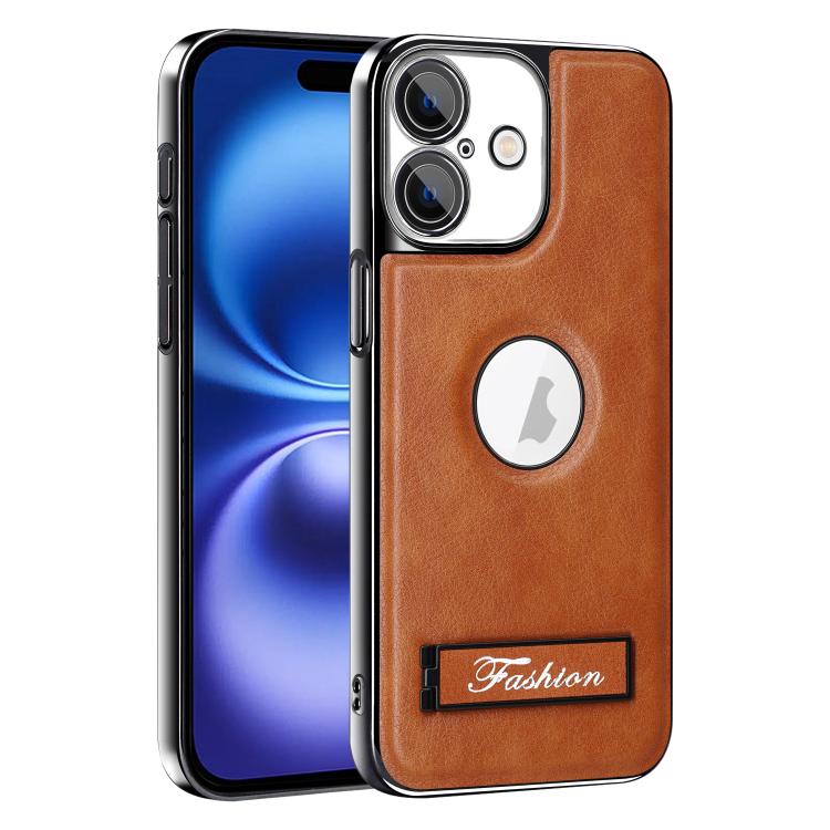 For iPhone 16 Fashion Electroplated Fold Holder Shockproof Phone Case(Brown)