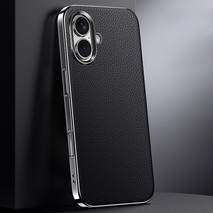 For iPhone 16 First Layer Cowhide Leather Electroplated PC Phone Case(Black)