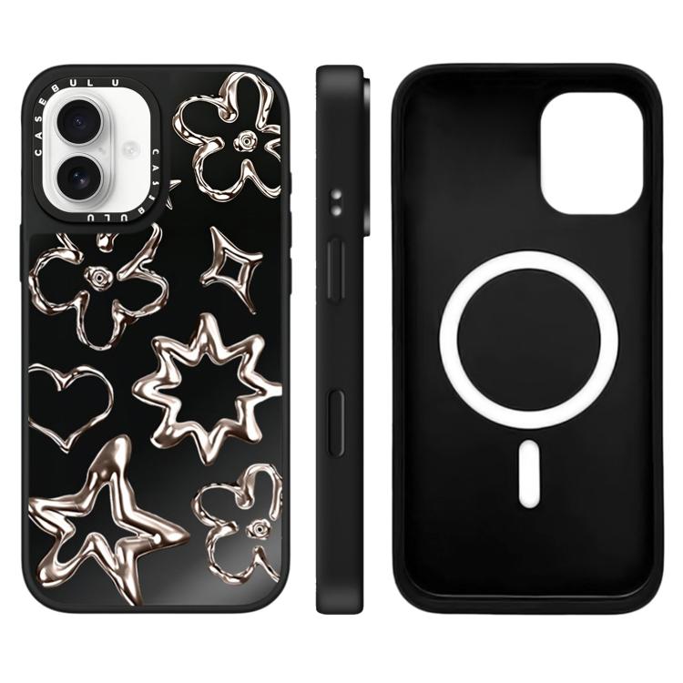 For iPhone 16 Floating Man Series Pattern Mirror Magnetic Phone Case(Flowers Black)