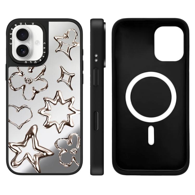 For iPhone 16 Floating Man Series Pattern Mirror Magnetic Phone Case(Flowers Silver)