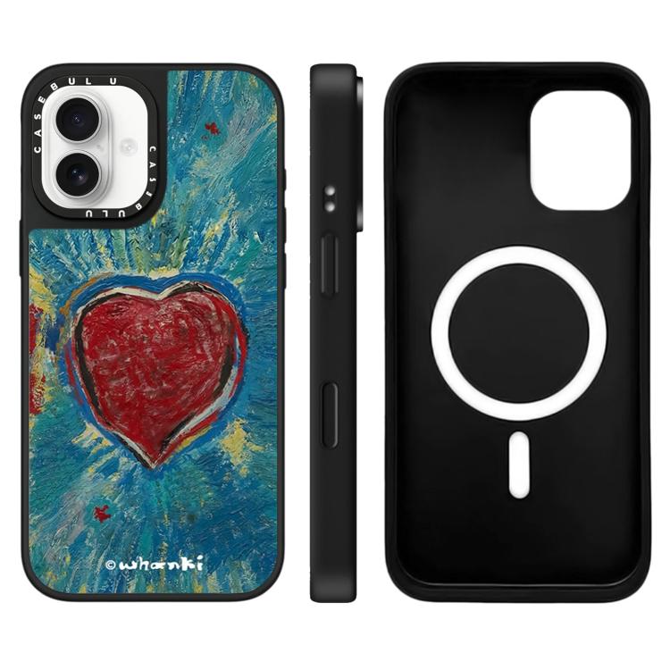 For iPhone 16 Floating Man Series Pattern Mirror Magnetic Phone Case(Heart)