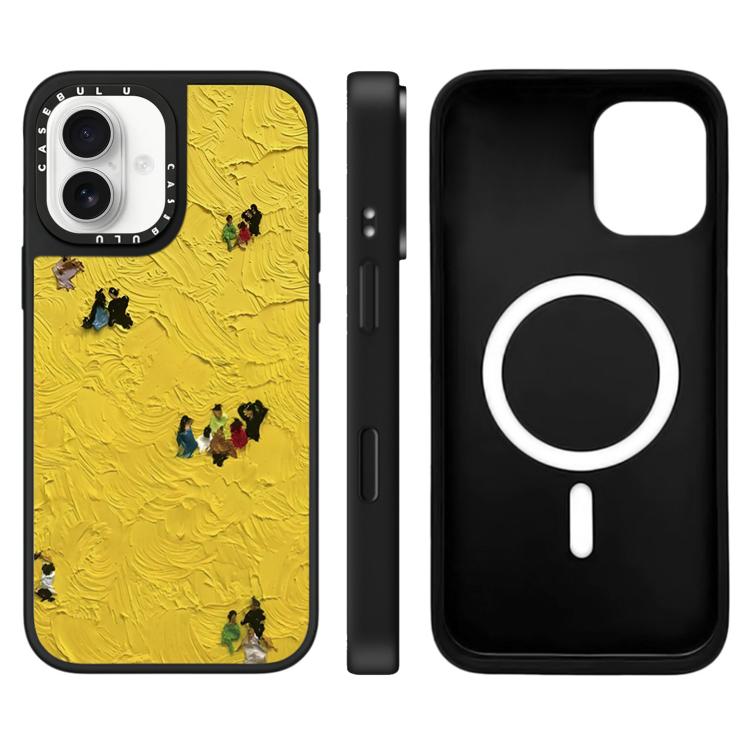 For iPhone 16 Floating Man Series Pattern Mirror Magnetic Phone Case(Wheat Field)