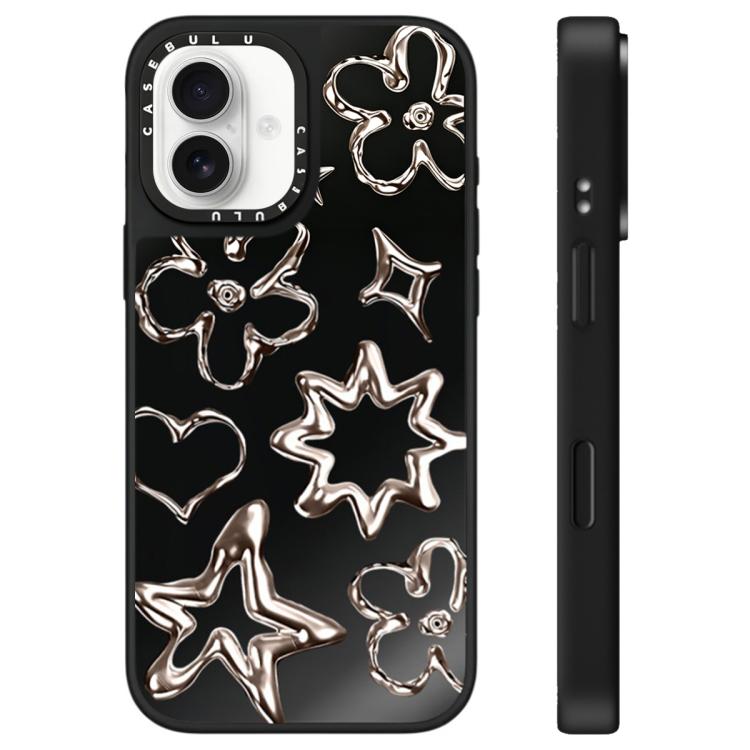 For iPhone 16 Floating Man Series Pattern Mirror Phone Case(Flowers Black)