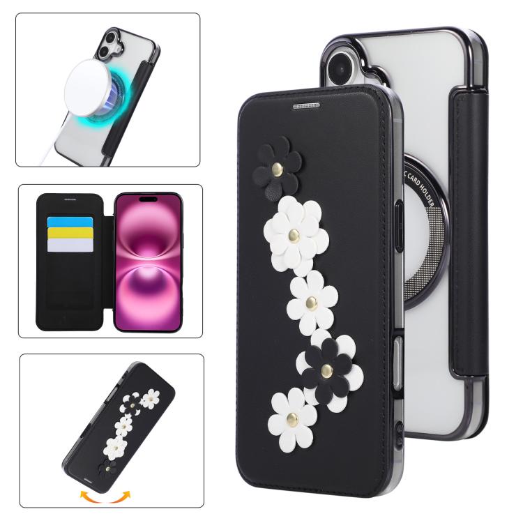 For iPhone 16 Floral Magnetic Electroplated Card Holder Vegan Leather Phone Case(Black)