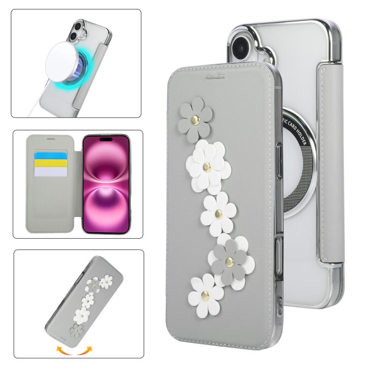 For iPhone 16 Floral Magnetic Electroplated Card Holder Vegan Leather Phone Case(Grey White)