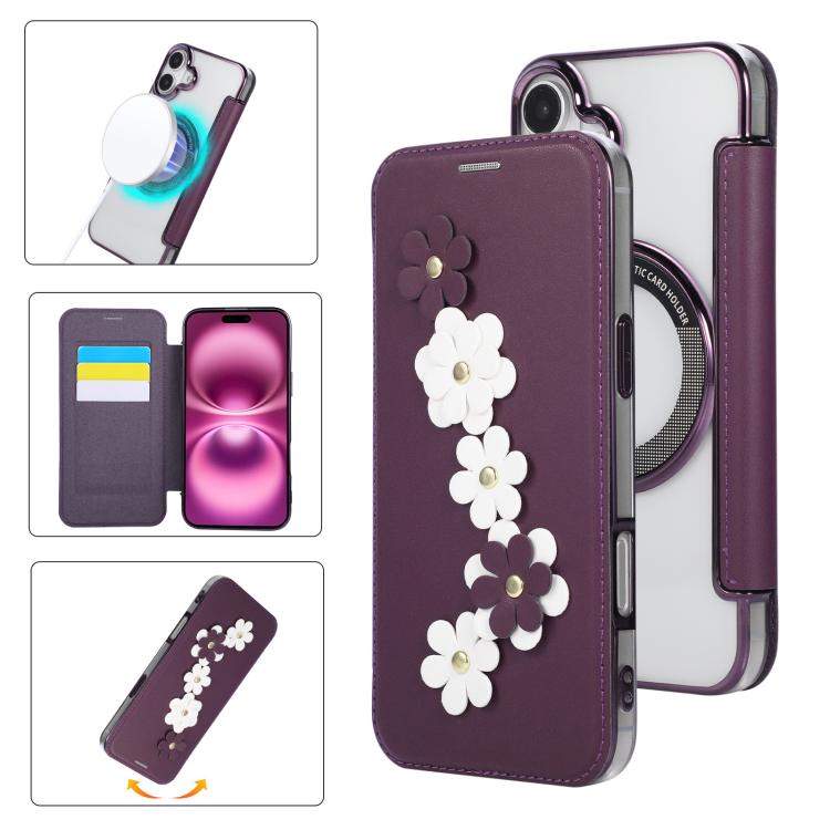 For iPhone 16 Floral Magnetic Electroplated Card Holder Vegan Leather Phone Case(Purple)
