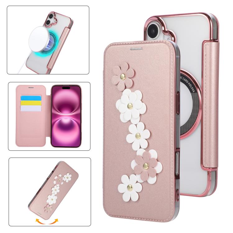 For iPhone 16 Floral Magnetic Electroplated Card Holder Vegan Leather Phone Case(Rose Gold)
