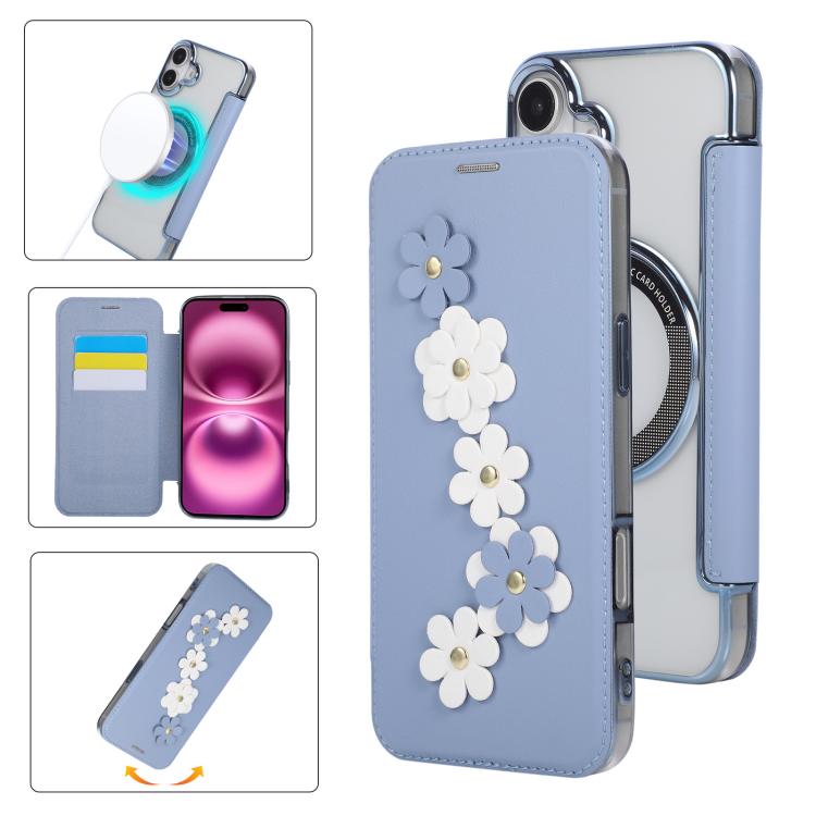 For iPhone 16 Floral Magnetic Electroplated Card Holder Vegan Leather Phone Case(Sierra Blue)