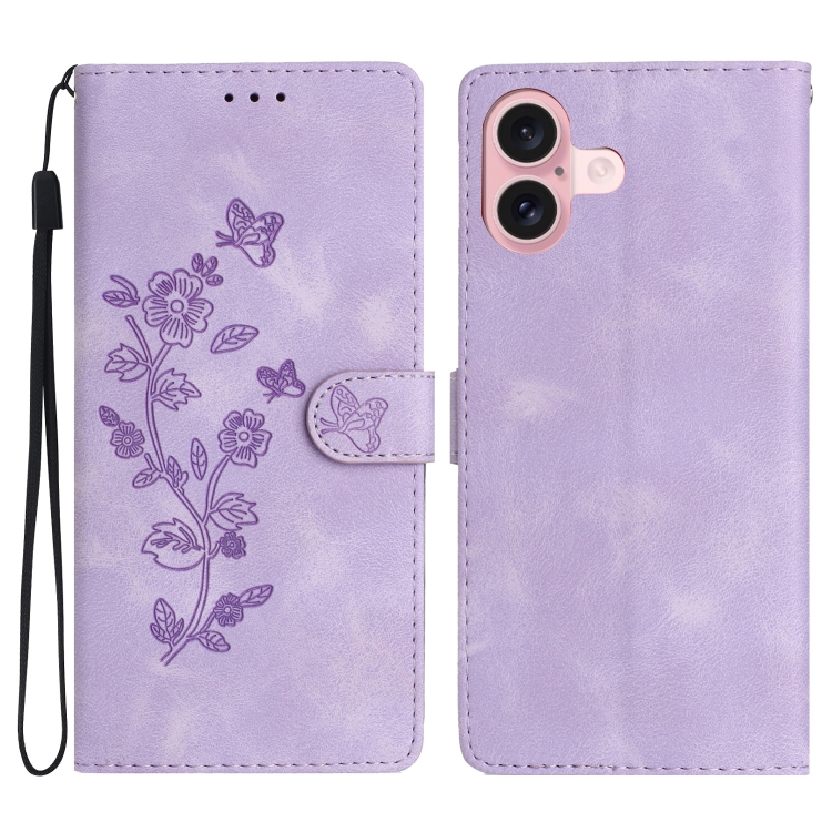 For iPhone 16 Flower Butterfly Embossing Pattern Leather Phone Case(Purple)