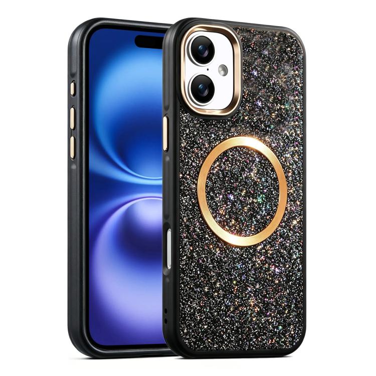 For iPhone 16 Glitter Airbag Shockproof Magnetic Phone Case(Black)