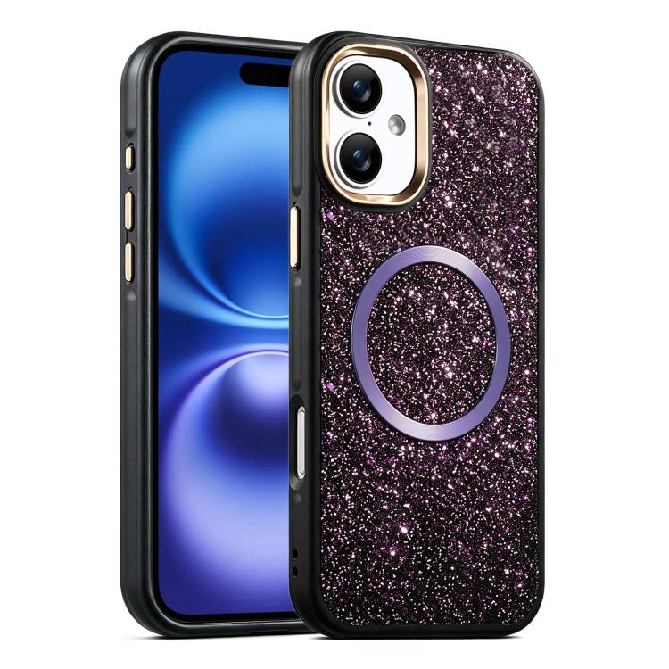 For iPhone 16 Glitter Airbag Shockproof Magnetic Phone Case(Dark Purple)