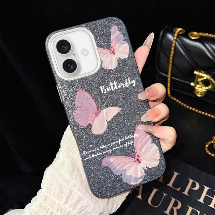 For iPhone 16 Gradient Butterflies Pattern IMD Glitter PC Hybrid TPU Phone Case(Black)