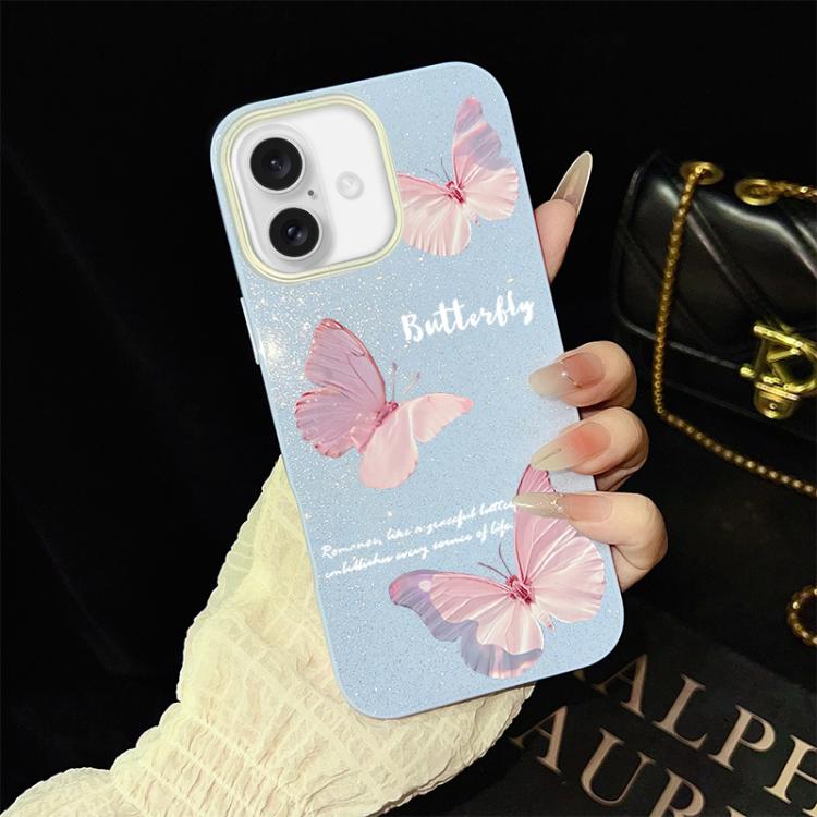 For iPhone 16 Gradient Butterflies Pattern IMD Glitter PC Hybrid TPU Phone Case(Blue)