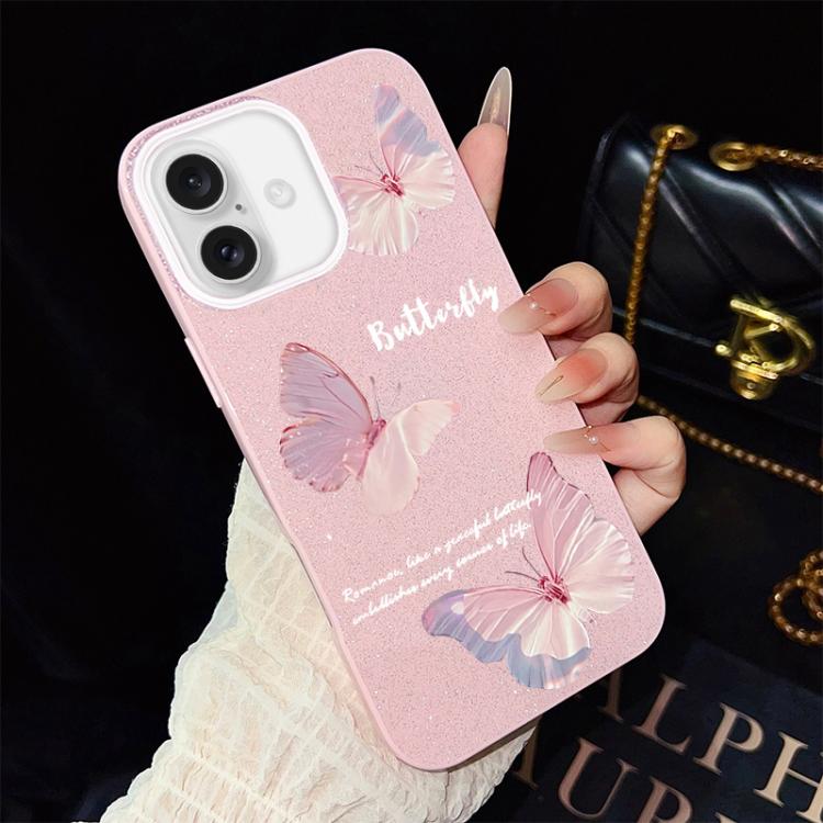 For iPhone 16 Gradient Butterflies Pattern IMD Glitter PC Hybrid TPU Phone Case(Pink)