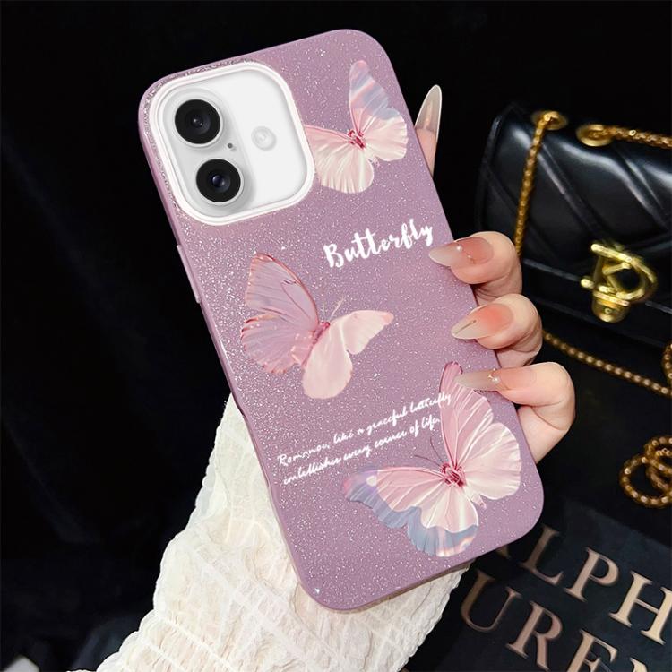 For iPhone 16 Gradient Butterflies Pattern IMD Glitter PC Hybrid TPU Phone Case(Purple)