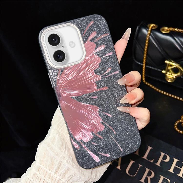 For iPhone 16 Half Butterfly Pattern IMD Glitter PC Hybrid TPU Phone Case(Black)