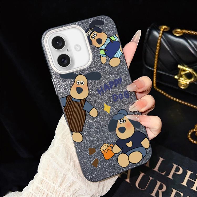 For iPhone 16 Happy Dog Pattern IMD Glitter PC Hybrid TPU Phone Case(Black)