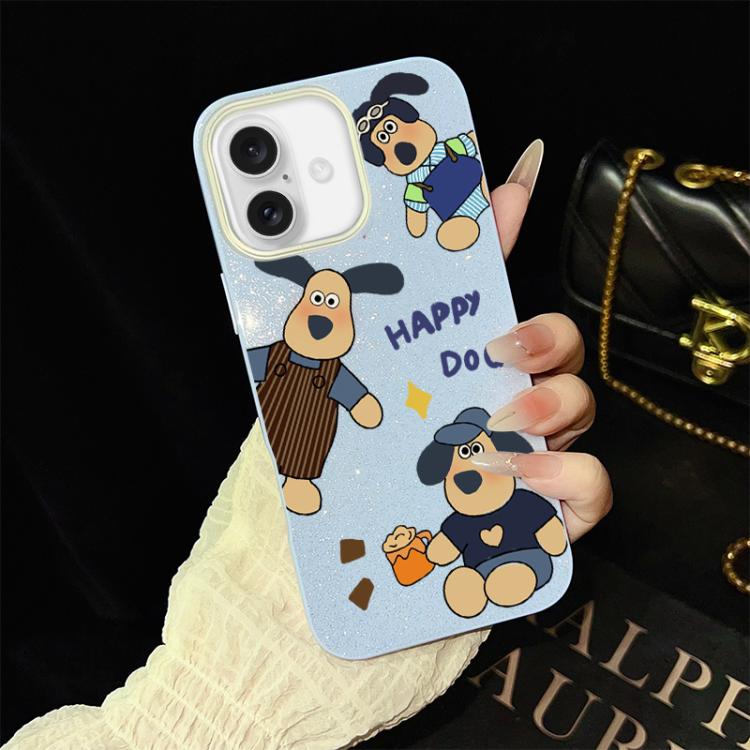 For iPhone 16 Happy Dog Pattern IMD Glitter PC Hybrid TPU Phone Case(Blue)