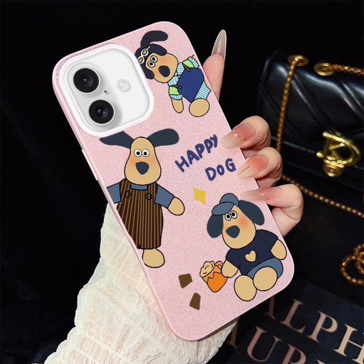For iPhone 16 Happy Dog Pattern IMD Glitter PC Hybrid TPU Phone Case(Pink)