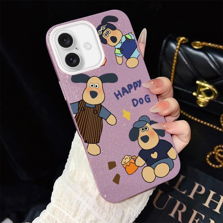 For iPhone 16 Happy Dog Pattern IMD Glitter PC Hybrid TPU Phone Case(Purple)