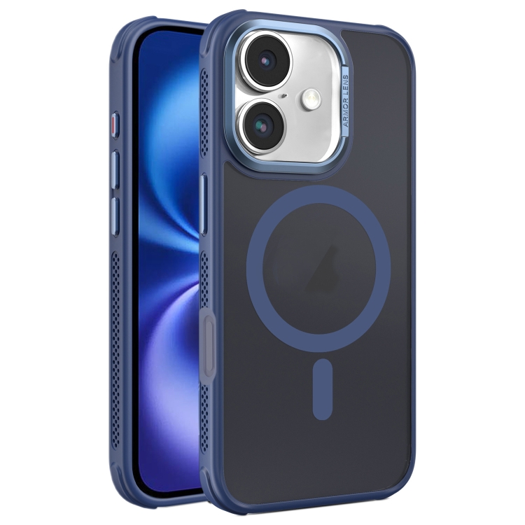 For iPhone 16 Hardware Side Cooling Skin Feel Frosted Metal Lens Frame MagSafe Phone Case(Blue)