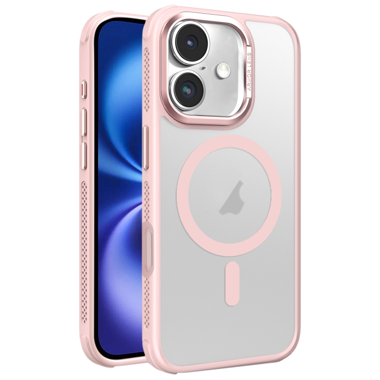 For iPhone 16 Hardware Side Cooling Skin Feel Frosted Metal Lens Frame MagSafe Phone Case(Pink)