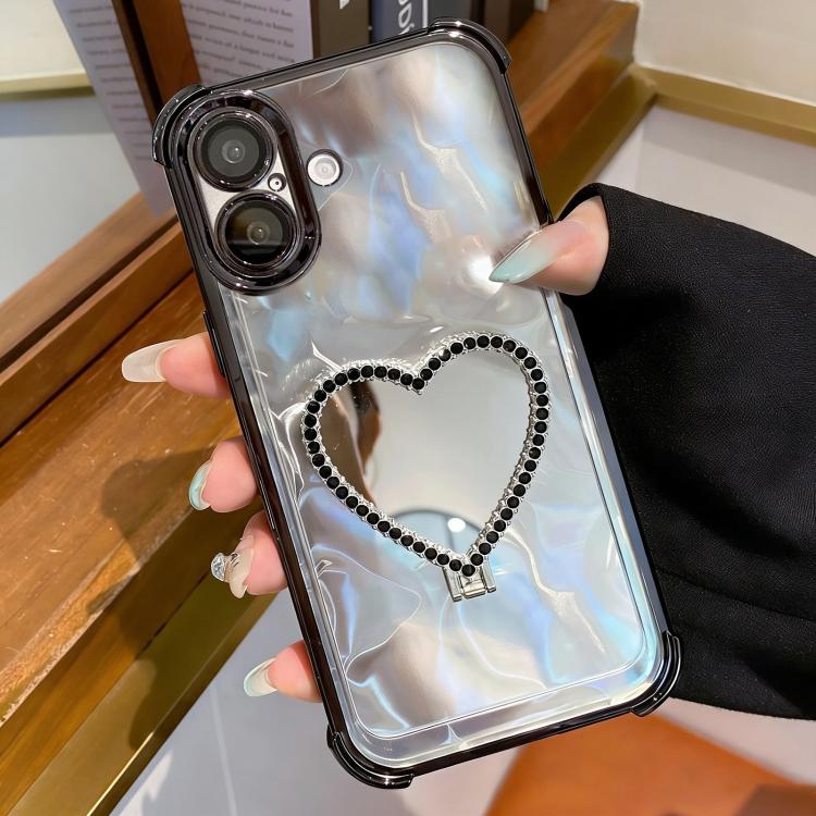 For iPhone 16 Heart-shaped Mirror Electroplated TPU + Acrylic Phone Case with Holder(Black)