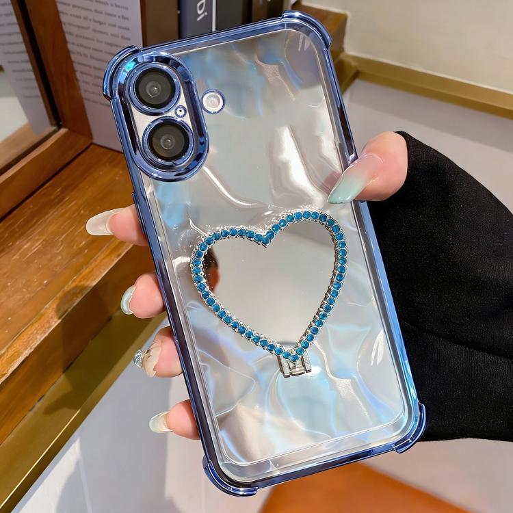 For iPhone 16 Heart-shaped Mirror Electroplated TPU + Acrylic Phone Case with Holder(Blue)