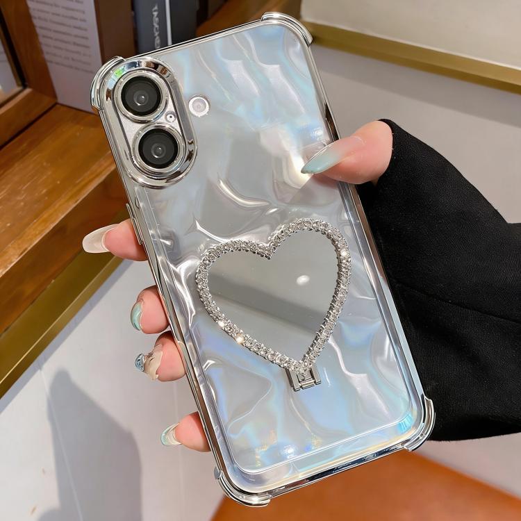 For iPhone 16 Heart-shaped Mirror Electroplated TPU + Acrylic Phone Case with Holder(Silver)