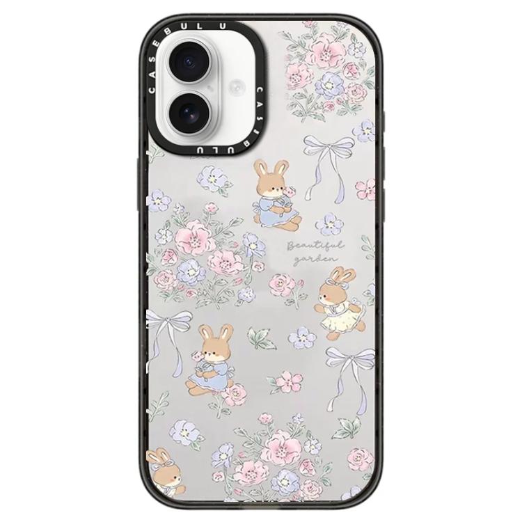 For iPhone 16 Hi Forest Series Pattern Transparent Acrylic Phone Case(Rabbit Flower)