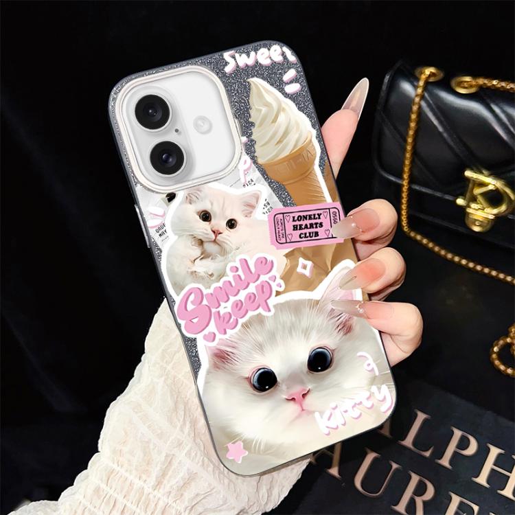 For iPhone 16 Ice Cream Cats Pattern IMD Glitter PC Hybrid TPU Phone Case(Black)