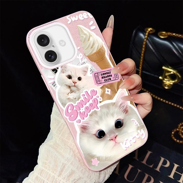 For iPhone 16 Ice Cream Cats Pattern IMD Glitter PC Hybrid TPU Phone Case(Pink)