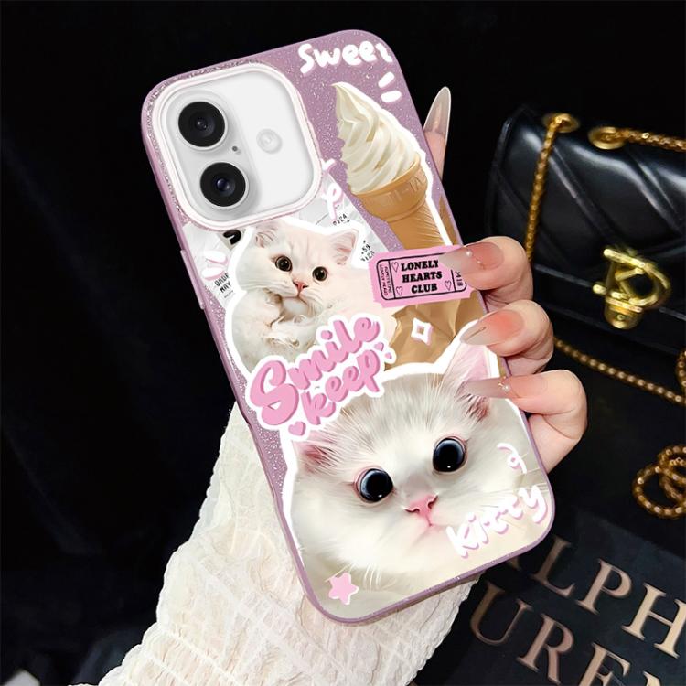 For iPhone 16 Ice Cream Cats Pattern IMD Glitter PC Hybrid TPU Phone Case(Purple)