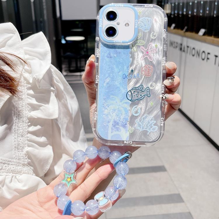 For iPhone 16 IMD Ocean World Puffy Frosted PC Phone Case with Bracelet Chain