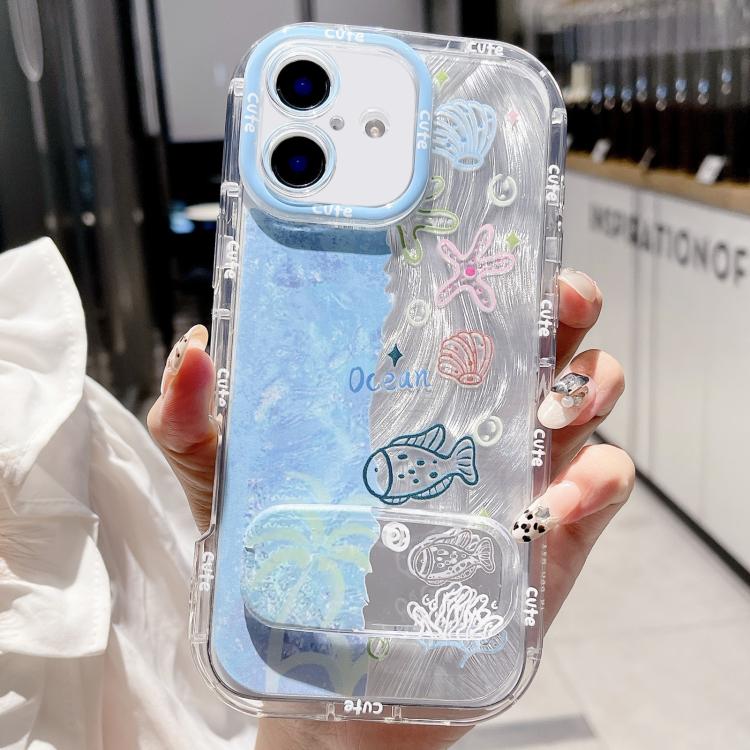 For iPhone 16 IMD Ocean World Puffy Frosted PC Phone Case with Holder