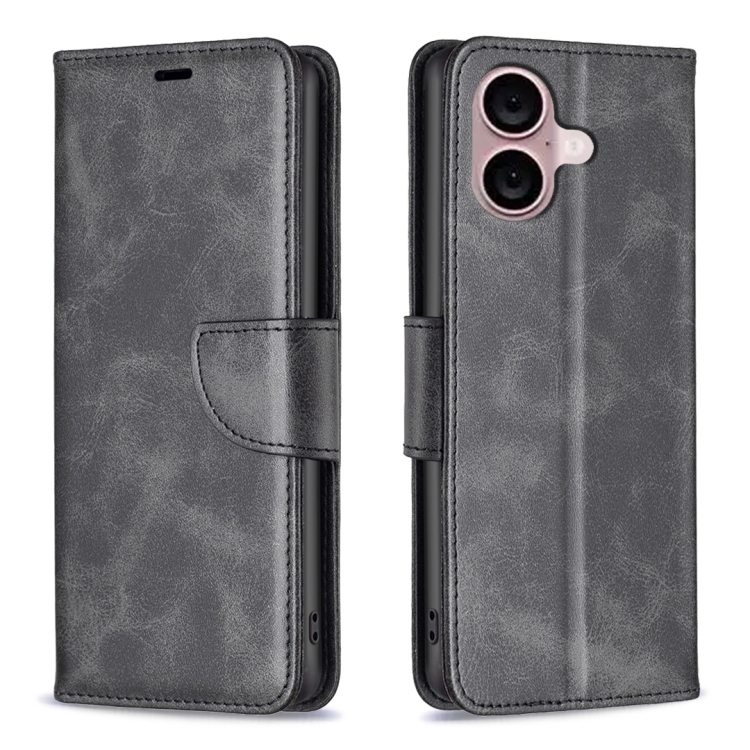 For iPhone 16 Lambskin Texture Pure Color Flip Leather Phone Case(Black)